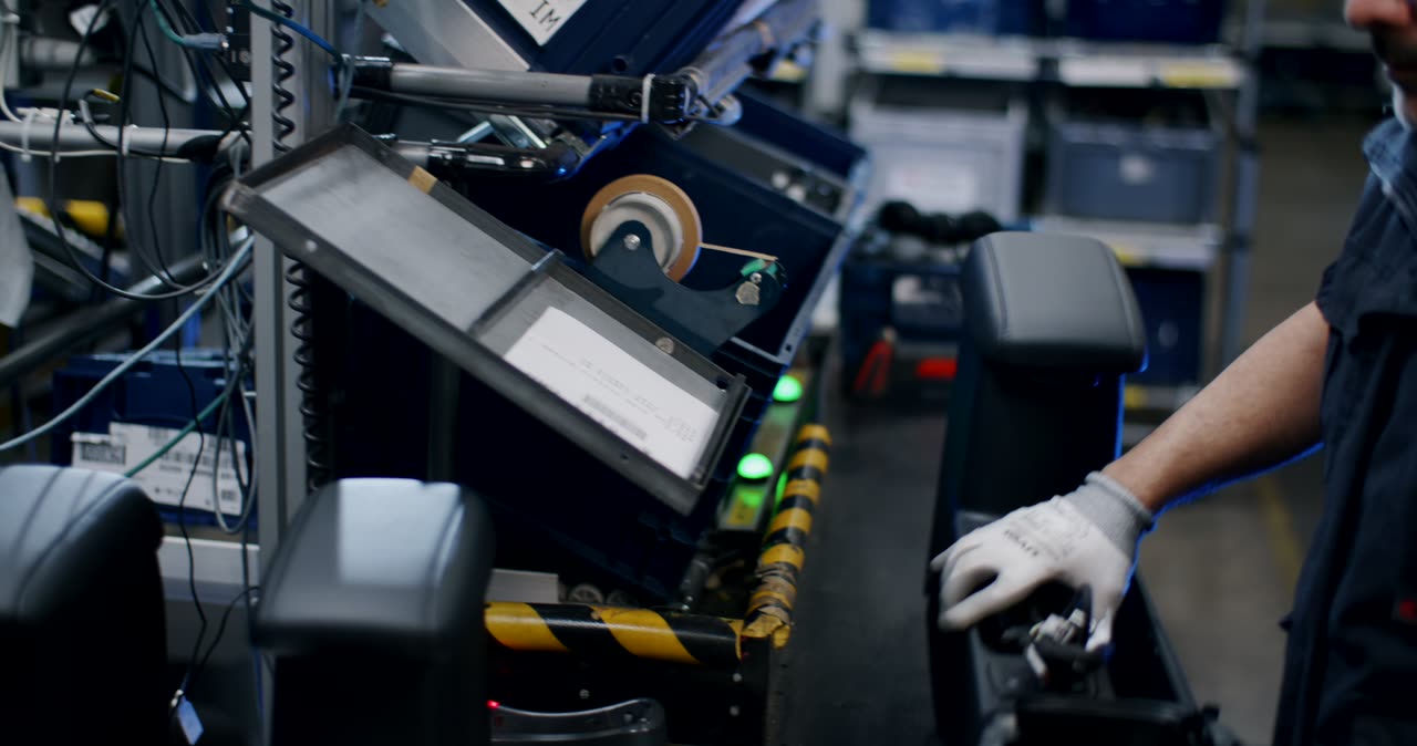 Arbeiter montiert Komponenten in Auto-Mittelkonsolen an einem industriellen Arbeitsplatz