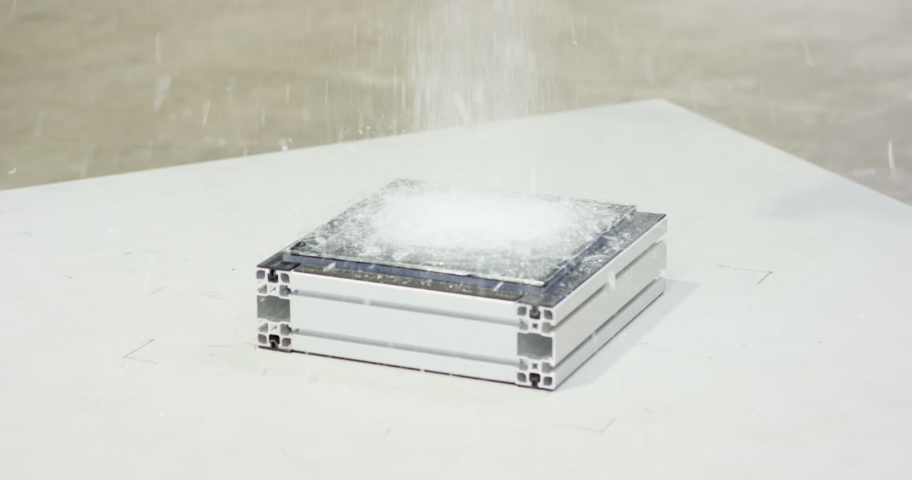 Aufpralltest mit Metallkugel auf eine Glasplatte in einem Aluminiumrahmen