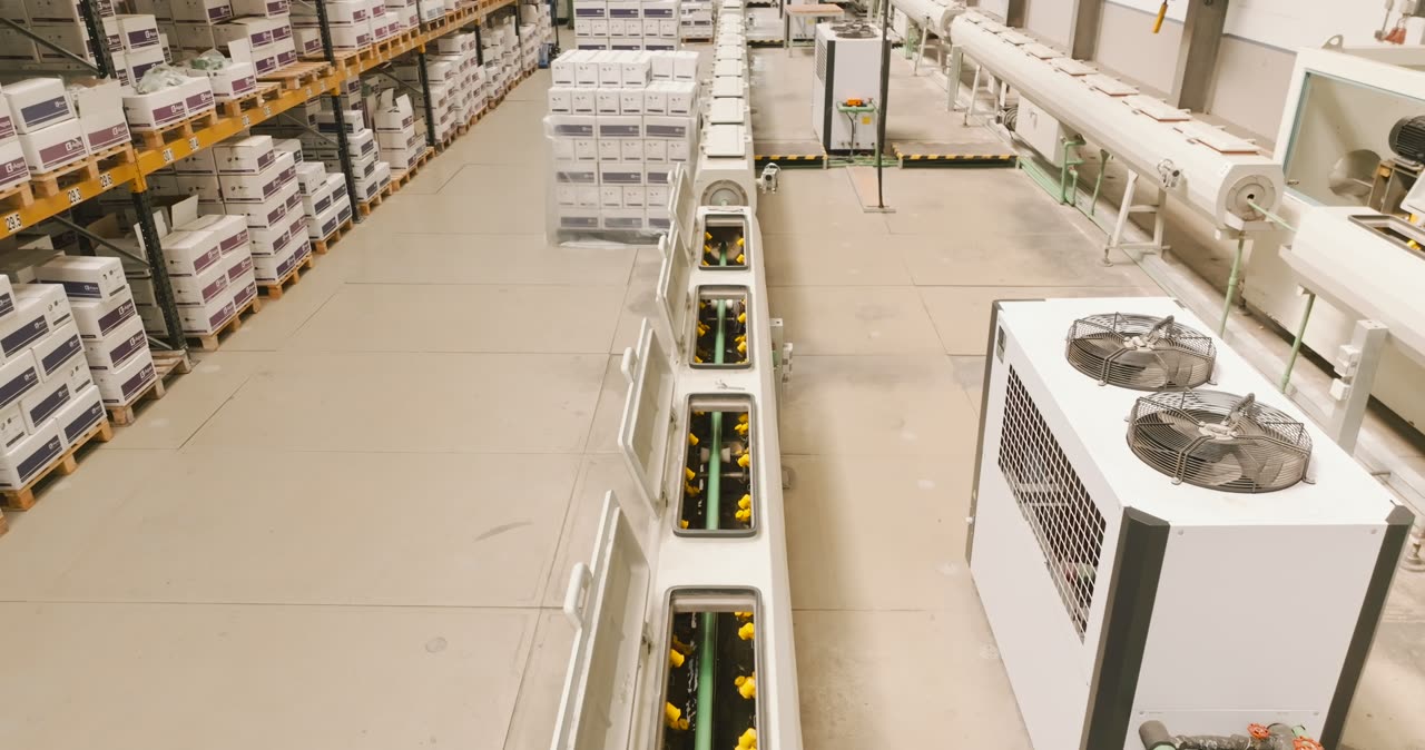 Automatisierte Fertigungsanlage für Kunststoffrohre in einer modernen Lagerhalle