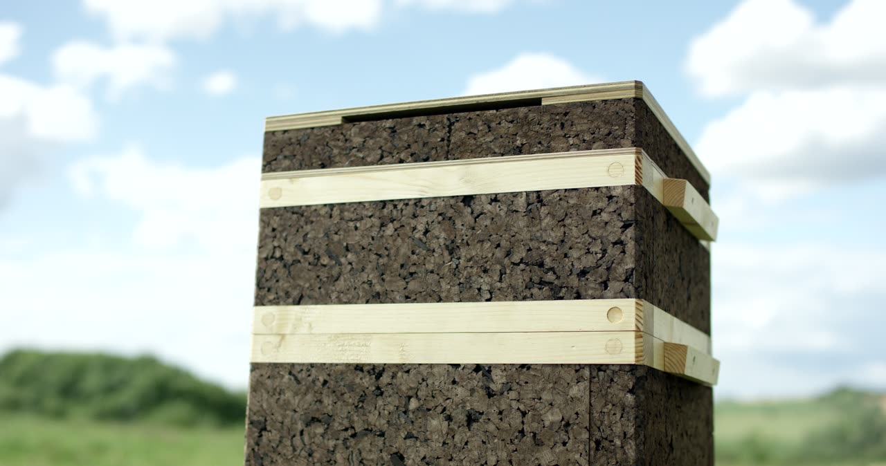 Bienenstock aus Kork und Holz auf einer Wiese im Freien