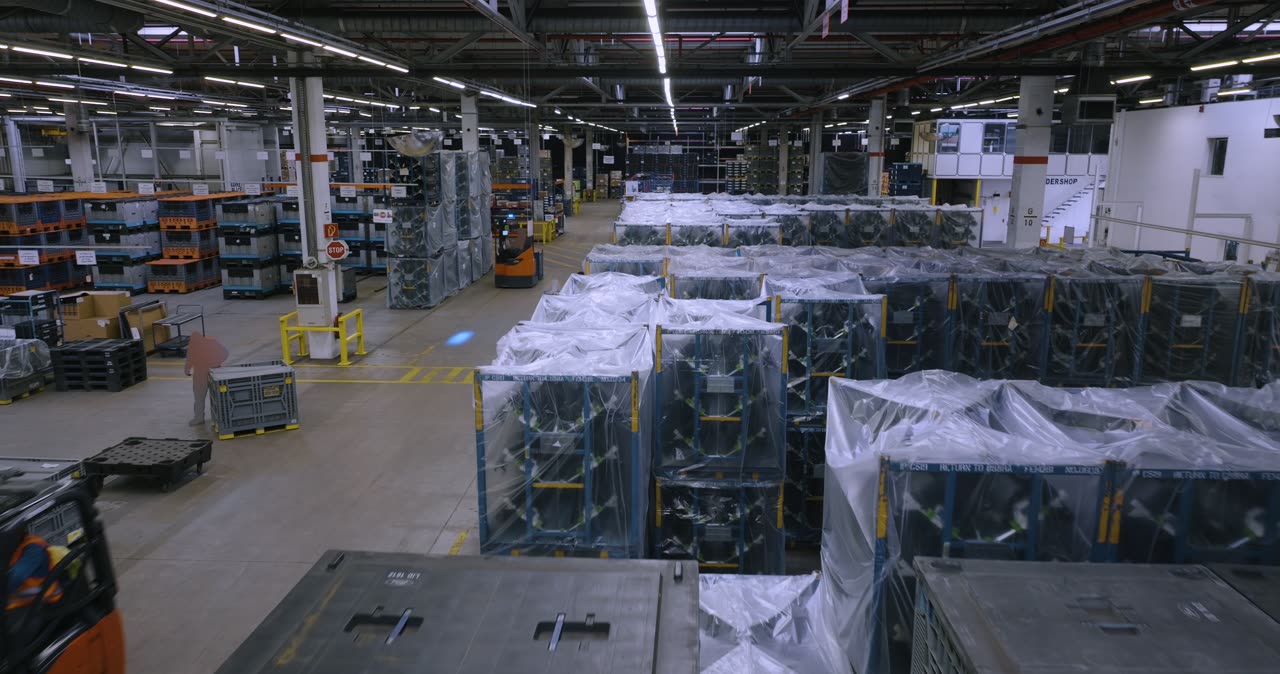 Blick in eine große Logistikhalle mit Gabelstaplern und gelagerter Ware in Transportboxen