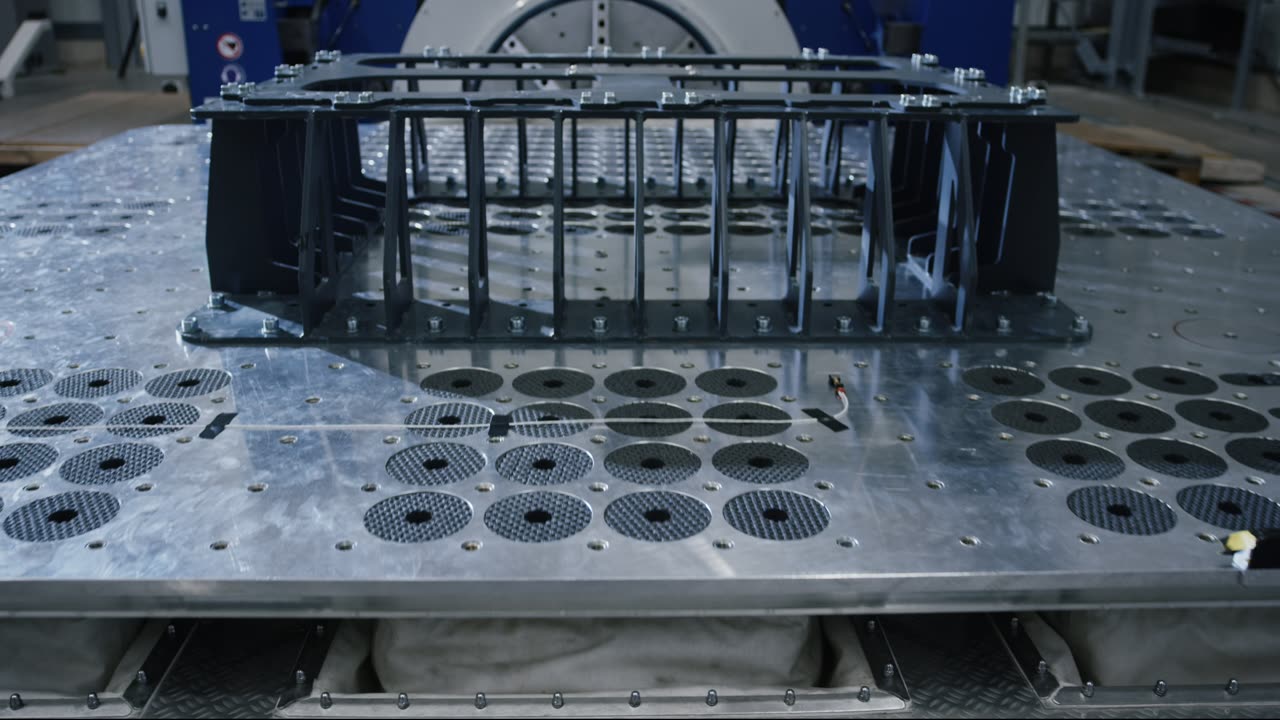 Detailaufnahme einer metallischen Montageplatte mit aufgeschraubtem technischem Trägergestell auf einem Prüfstand