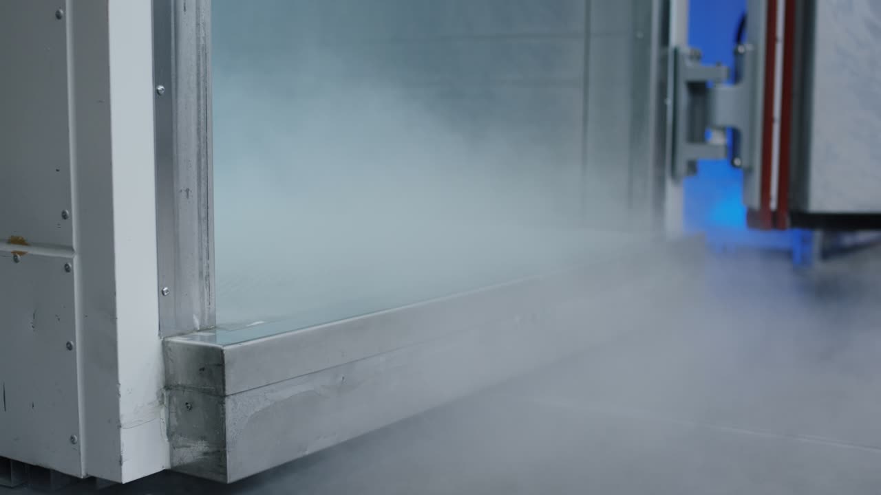 Dichter Nebel quillt aus der geöffneten Tür einer industriellen Prüfkammer