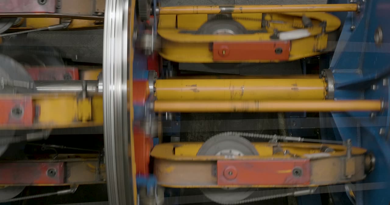 Draufsicht auf eine rotierende Korbverseilmaschine bei der Produktion von Stahlseilen
