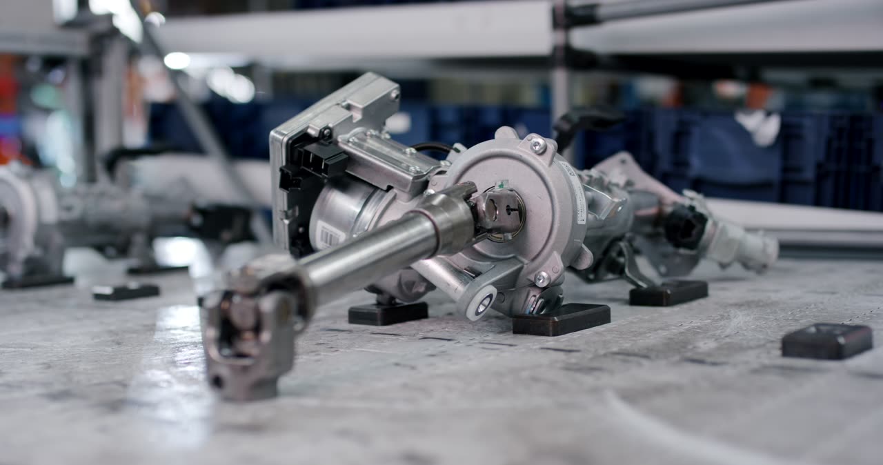 Elektronische Servolenkung (EPS) auf einem Prüf- oder Montagetisch in einer Fabrik