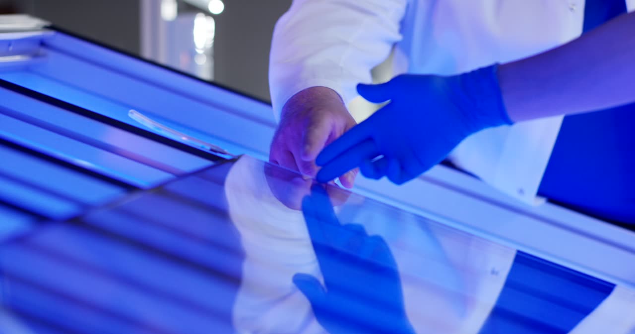 Fachleute bei der Qualitätskontrolle von Solarmodulen an einem Leuchttisch