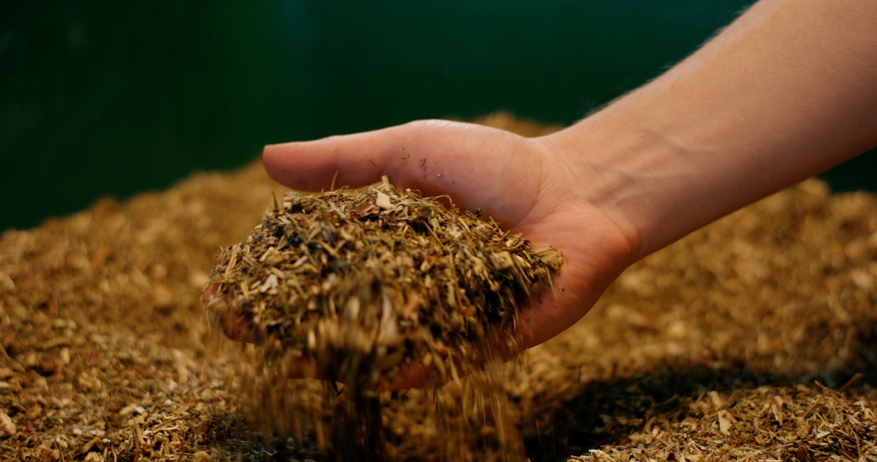 Hand greift in einen Haufen aus gehäckseltem Pflanzenmaterial und lässt die trockene Biomasse langsam durch die Finger gleiten
