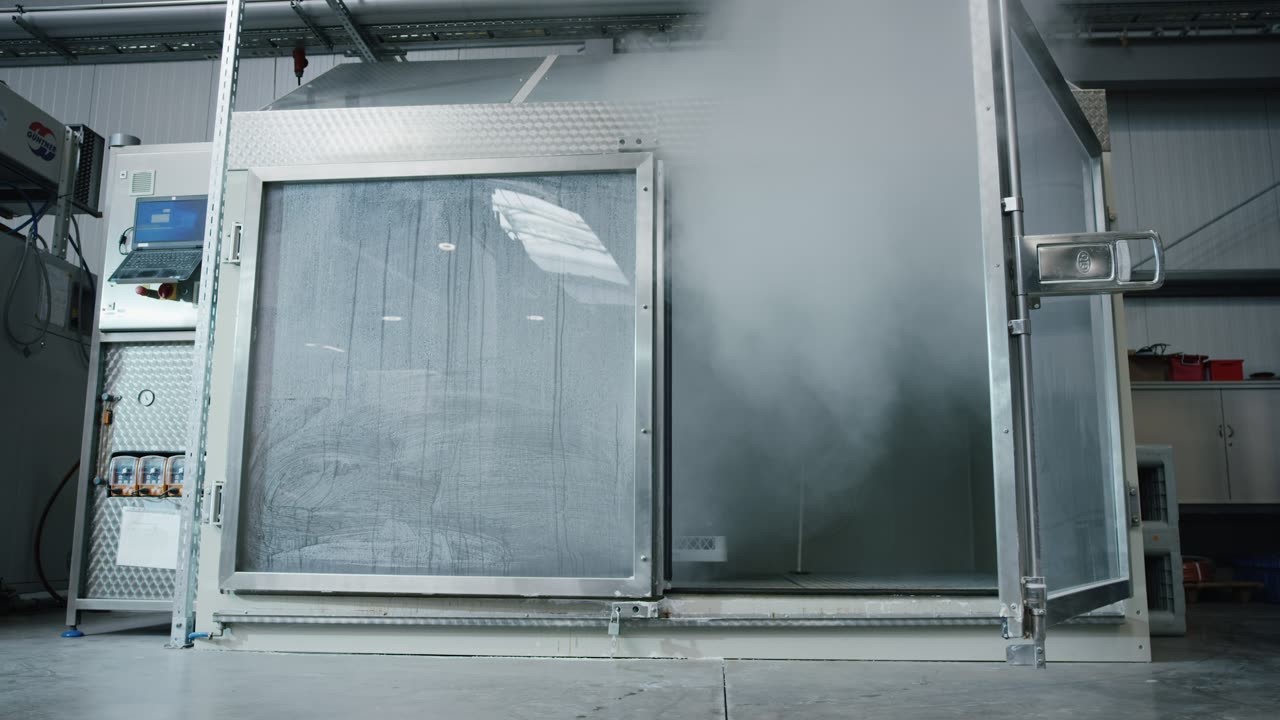 Industrielle Prüfkammer mit dichtem Rauch während eines technischen Belastungstests für Akkus