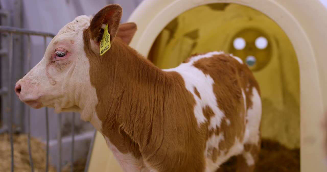 Junges braun-weiß geflecktes Kalb steht vor einem hellen Kunststoff-Kälberiglu im Stall