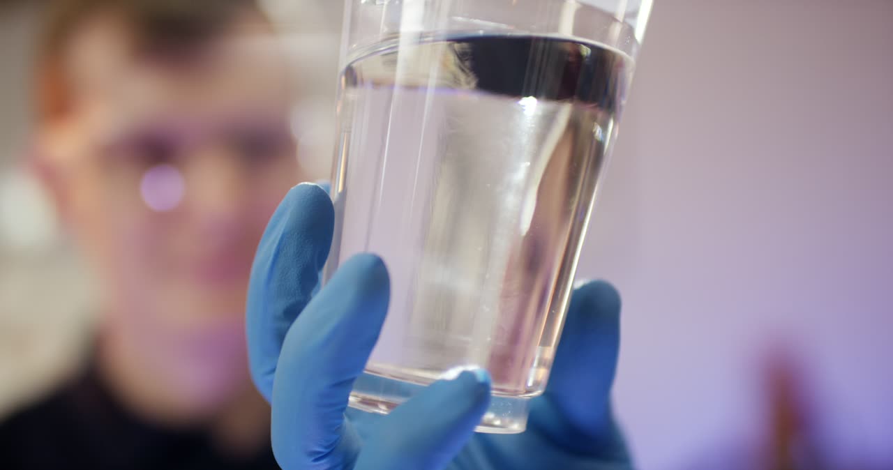 Laborant prüft Wasserprobe in einem Glas mit Schutzbrille und Handschuhen