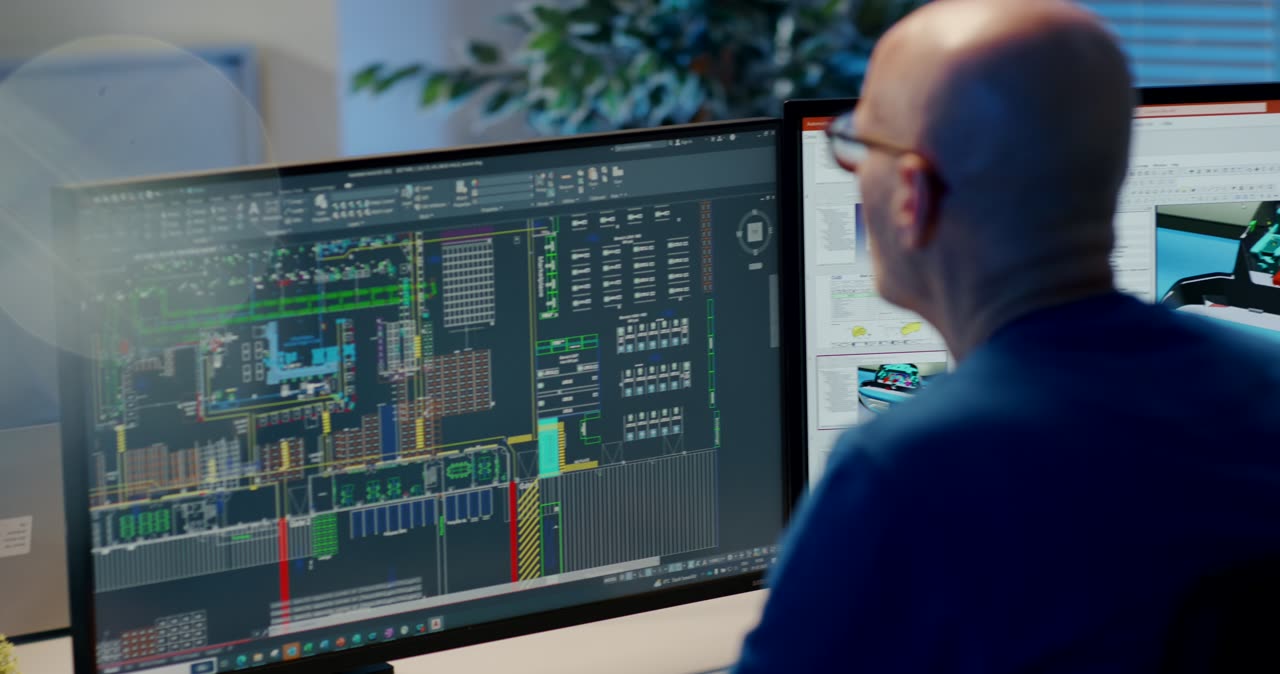 Mann arbeitet am PC-Bildschirm mit einer CAD-Software an einem industriellen Layout