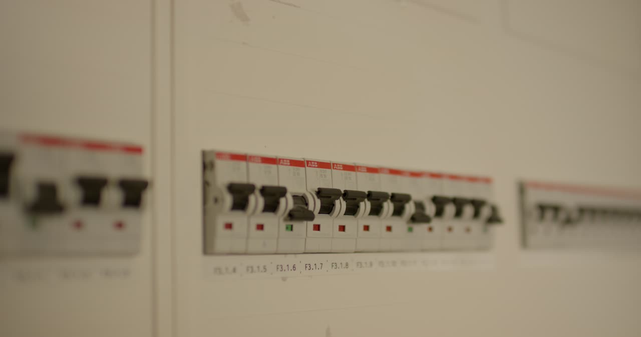 Nahaufnahme einer Reihe von ABB-Kippschaltern mit Statusanzeigen in einem elektrischen Verteilerkasten