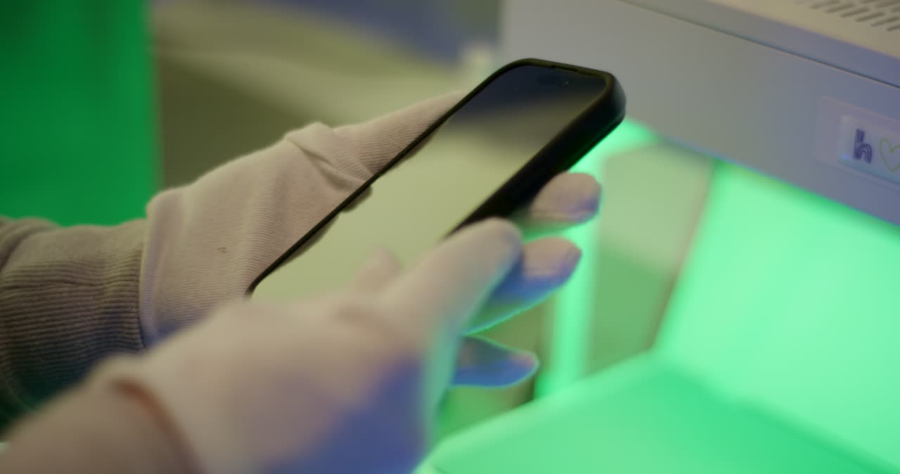 Prüfung eines Smartphones durch eine Fachkraft mit weißen Handschuhen in einem Labor