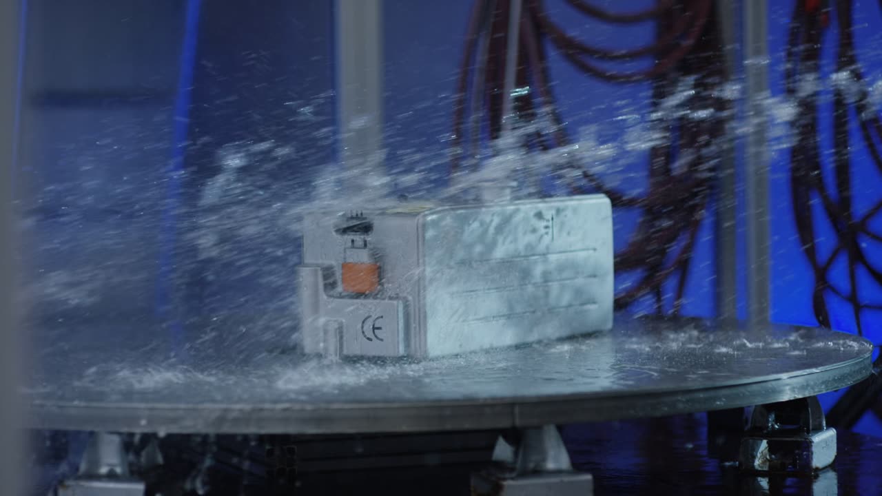 Silberner Lithium-Ionen-Akku bei einem Spritzwasser-Belastungstest auf einem rotierenden Drehteller