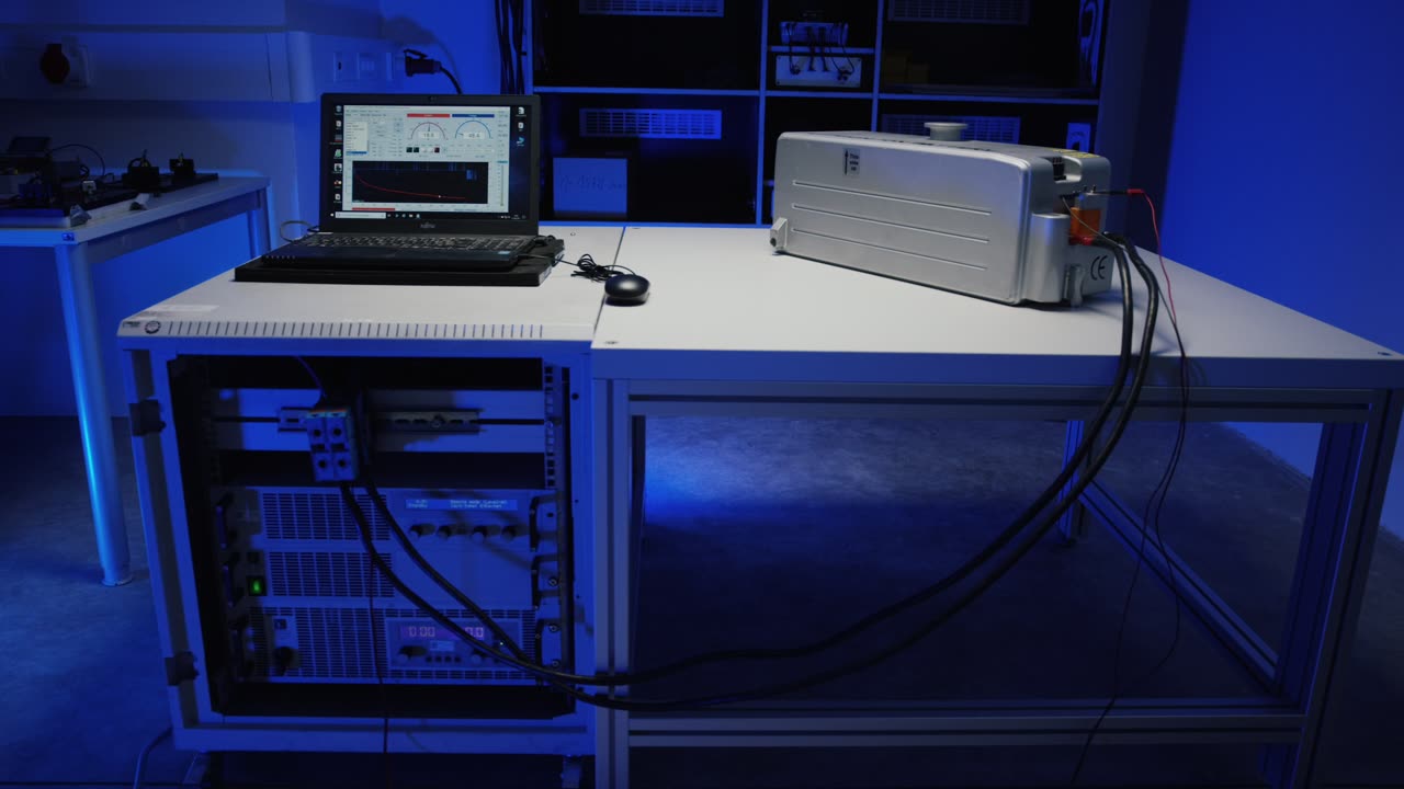 Title:
Technischer Versuchsaufbau mit Laptop und Messgeraeten auf einem Labortisch bei blauem Licht