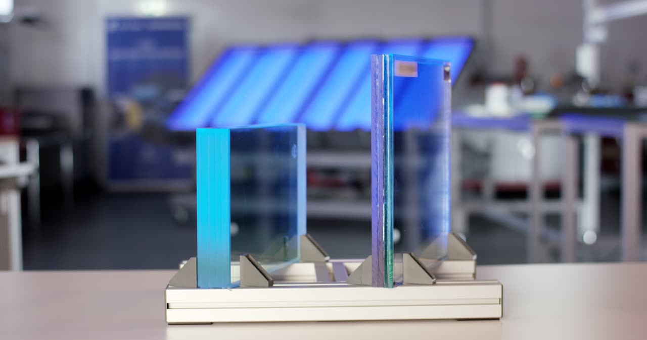 Zwei Glasplatten in einer Metallhalterung auf einem Arbeitstisch in einer Werkstatt