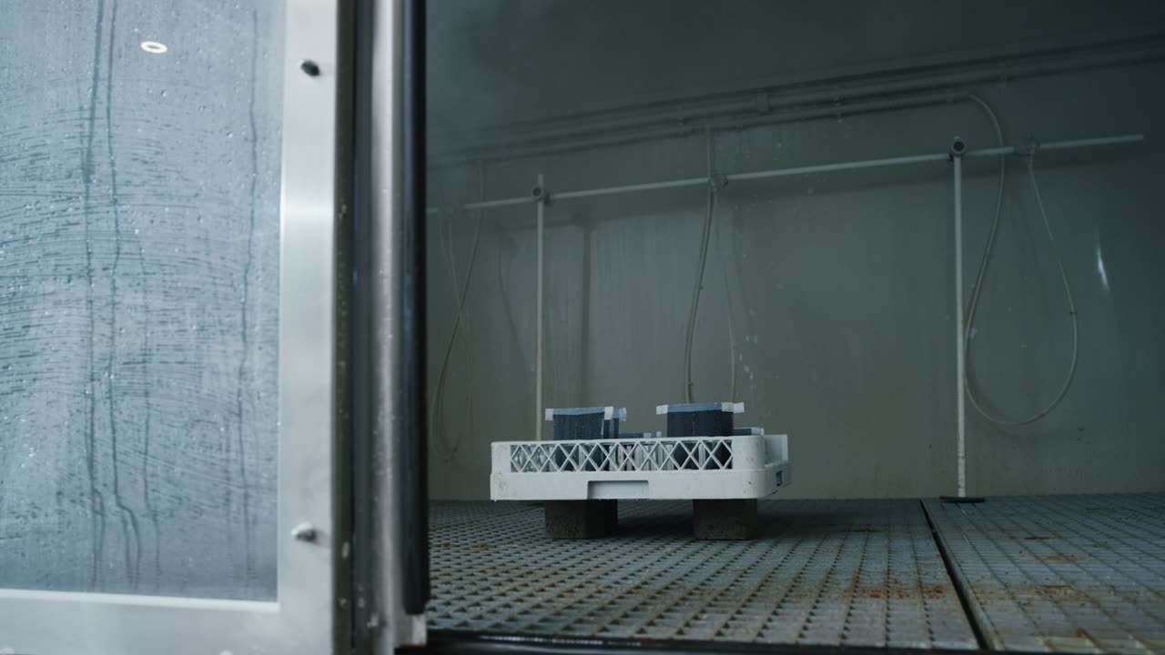 Zwei technische Bauteile auf einem weißen Kunststoffträger in einer industriellen Testkammer